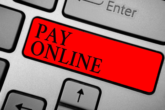 Writing note showing Pay Online. Business photo showcasing buy products or service using credit card on any website Keyboard red key Intention computer computing reflection document