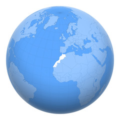 Morocco on the globe. Earth centered at the location of the Kingdom of Morocco. Map of Morocco. Includes layer with capital cities.
