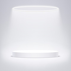 White round podium illuminated with circular lighting. Vector pedestal for product presentation.