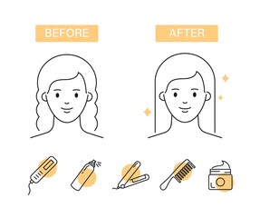 Before and after: Hair straightening vector illustration outline style