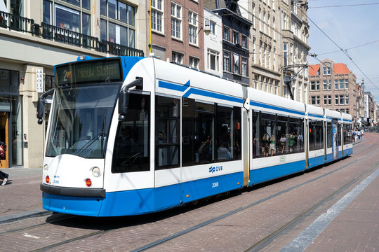 AMSTERDAM, THE NETHERLANDS - JULY 4, 2019: GVB tram. The Gemeentelijk Vervoerbedrijf (GVB) is the municipal public transport operator for Amsterdam, the capital city of the Netherlands.
