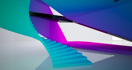 Abstract architectural white interior with color gradient and black of a minimalist house with large windows.. 3D illustration and rendering.