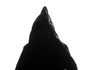 silhouette of a man in a hood on a white background