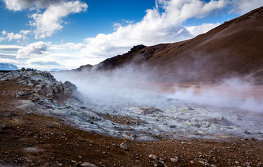 Steam escaping at Hverir Geysers in Iceland