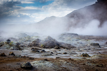 Steam escaping at Hverir Geysers in Iceland