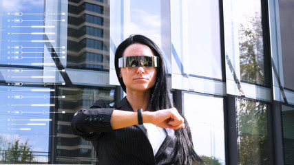 Innovation, technology and user concept. Woman using smart watch with digital business interface. Innovation, technology and user concept. 3D Rendering