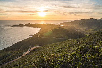 Beautiful scenic sunset view over Marin Headlands and the Pacific Ocean near San Francisco, California