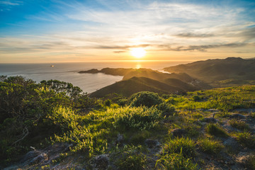 Beautiful scenic sunset view over Marin Headlands and the Pacific Ocean near San Francisco,...