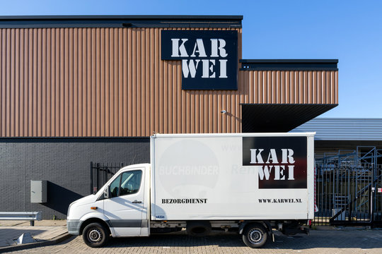 HOOGVLIET, THE NETHERLANDS - JULY 2, 2019: Karwei delivery van at hardware store. Karwei is a Dutch hardware store-chain. The first store opened at May 14, 1975 in Utrecht.