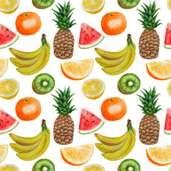 Pattern Tropical Fruits Banana Pineapple Banana Coconut Orange Watermelon Watercolor illustration Tropics food Digital paper Textile set Summer botanical spring decor Wallpaper design on the wall 