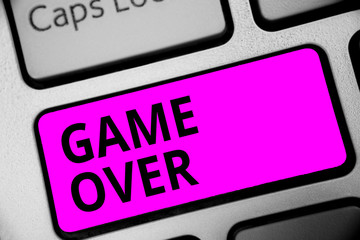 Writing note showing Game Over. Business photo showcasing A situation in a particular sport that reach his finals or ending Keyboard purple key Intention computer computing reflection document