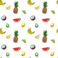 Pattern Tropical Fruits Banana Pineapple Banana Coconut Orange Watermelon Watercolor illustration Tropics food Digital paper Textile set Summer botanical spring decor Wallpaper design on the wall 
