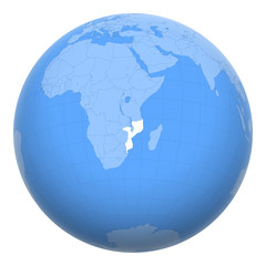Mozambique on the globe. Earth centered at the location of the Republic of Mozambique. Map of Mozambique. Includes layer with capital cities.