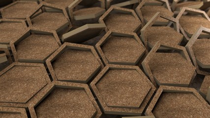 Fototapeta premium 3D rendering of dozens of wooden hexagons in wooden frames. Geometric shapes are placed in different positions. Abstract desktop background, geometric style background image.
