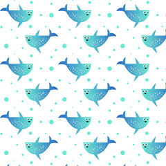  Cute cartoon whale pattern. Kawaii. Adorable little blue whale vector illustration.