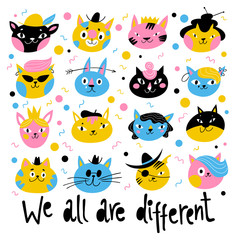 Cool design with vector characters of cats and kittens with motivational text.