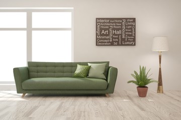 Fototapeta premium Stylish room in white color with sofa. Scandinavian interior design. 3D illustration