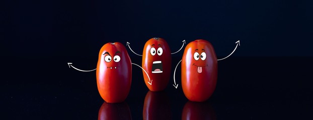Os três tomates italianos mais engraçados do Adobe Stock sobre o fundo preto - Tomate Italiano engraçado