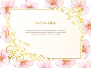 Fototapeta na wymiar Vintage card with watercolor cherry flowers. Flrame for flowershop with goldem corners. Flowers invitation background