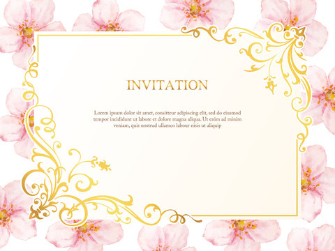 Vintage card with watercolor cherry flowers. Flrame for flowershop with goldem corners. Flowers invitation background