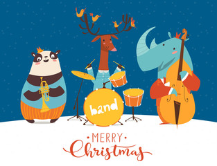 Christmas party vector poster with funny musicians.