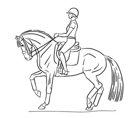 Sketch of a rider and horse execute the piaffe