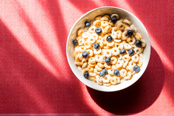 Healthy breakfast with milk,muesli and fruit on red table. wheat flakes mixed with blueberries, served in a white ceramic bowl for a healthy nutritious meal. Copy space