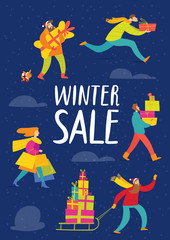 Naklejka premium Winter sale poster with vector people going shopping