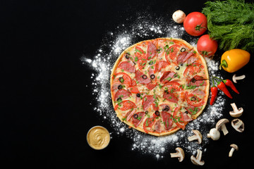 Italian pizza, pizza ingredients, tomatoes and mushrooms