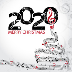 Musical Happy New Year background with notes 2020