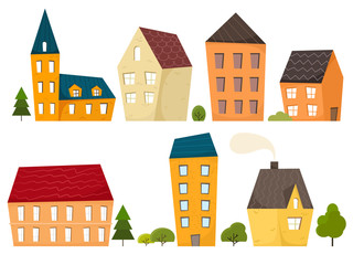 Fototapeta premium Various small tiny houses, trees and shrubs. Flat design. Hand drawn trendy illustration. Set of vector isolates on a white background.