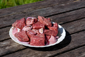 Raw fresh beef meat slices in a white bowl with onion  on the wooden table in the yard of countryside house.