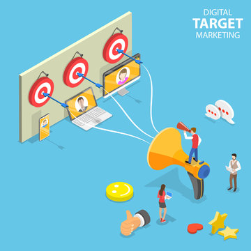 Isometric flat vector concept of digital target marketing, targeted advertising, brand promotion campaign.