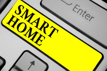 Writing note showing Smart Home. Business photo showcasing automation system control lighting climate entertainment systems Keyboard yellow key Intention computer computing reflection document