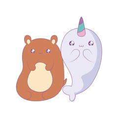 cute narwhal with bear baby animals kawaii style