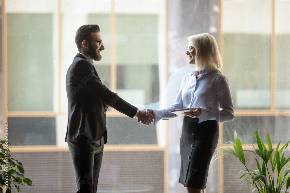 Poster Smiling mature businesswoman shaking hand of business partner