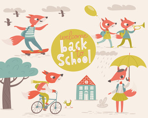 Big vector welcome back to school designs with cartoon animals.