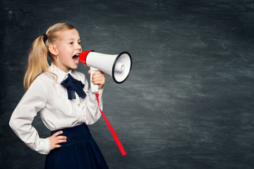 Child Girl Scream Advertisement to Megaphone, Kid In School Dress Advertising on Blackboard Background
