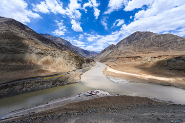 View of confluence of the Indus and Zanskar Rivers in Leh, Ladakh region, India