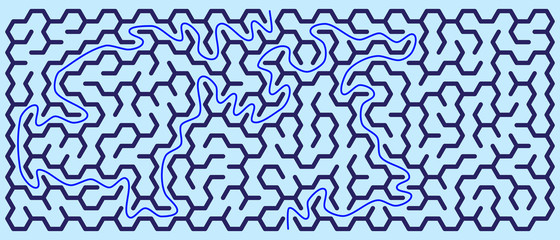 Panoramic hexagonal maze with solution. Vector illustration.