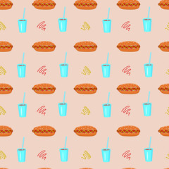 Seamless vector background of a hot dog and a drink