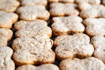 Nuts cookies. Close-up of a lot of walnut cookies background.