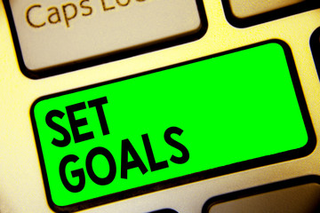 Word writing text Set Goals. Business concept for Defining or achieving something in the future based on plan Keyboard green key Intention create computer computing reflection document