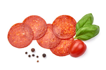 Chorizo sausage slices, Traditional spanish sausage, isolated on white background