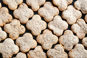Nuts cookies. Top view of a lot of peanut cookies background.