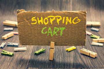 Writing note showing Shopping Cart. Business photo showcasing Case Trolley Carrying Groceries and...