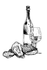 Bottle of wine, oysters and glass