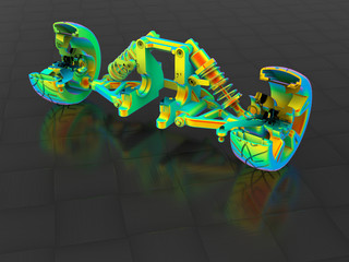 3D rendering - car front axel section view within a FEA analysis