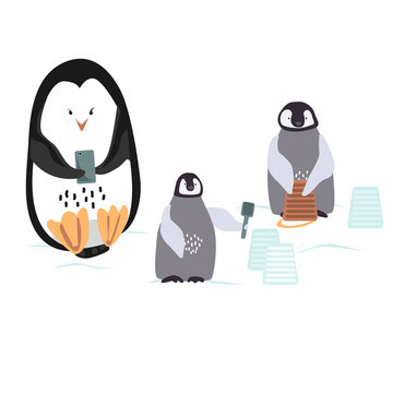 Two cartoon penguins are bulding a snowcastle with bucket and trowel and their mom looking in the mobile telephone. Vector