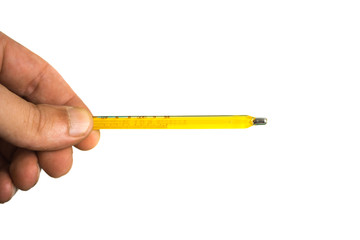 hand with mercury thermometer on White isolated background